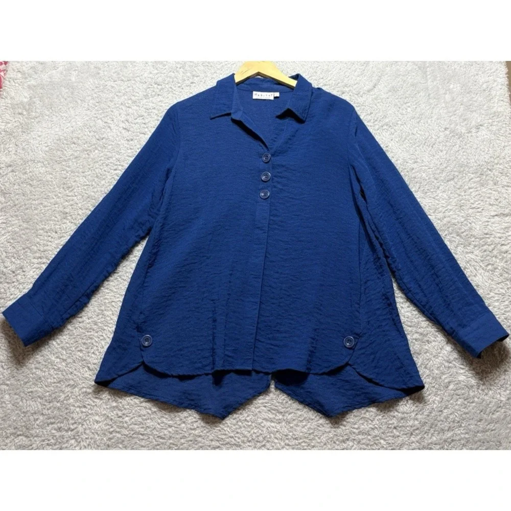 NEW Habitat Womens S Blue Rayon Blend Tunic Button Up Oversized Lagenlook Artsy